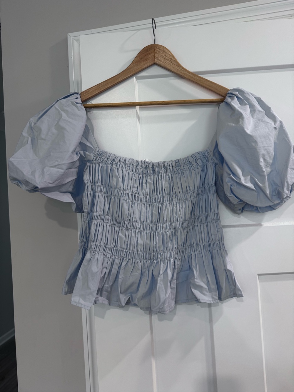 Astr Light Blue Puff-Sleeve Smocked Peplum Top